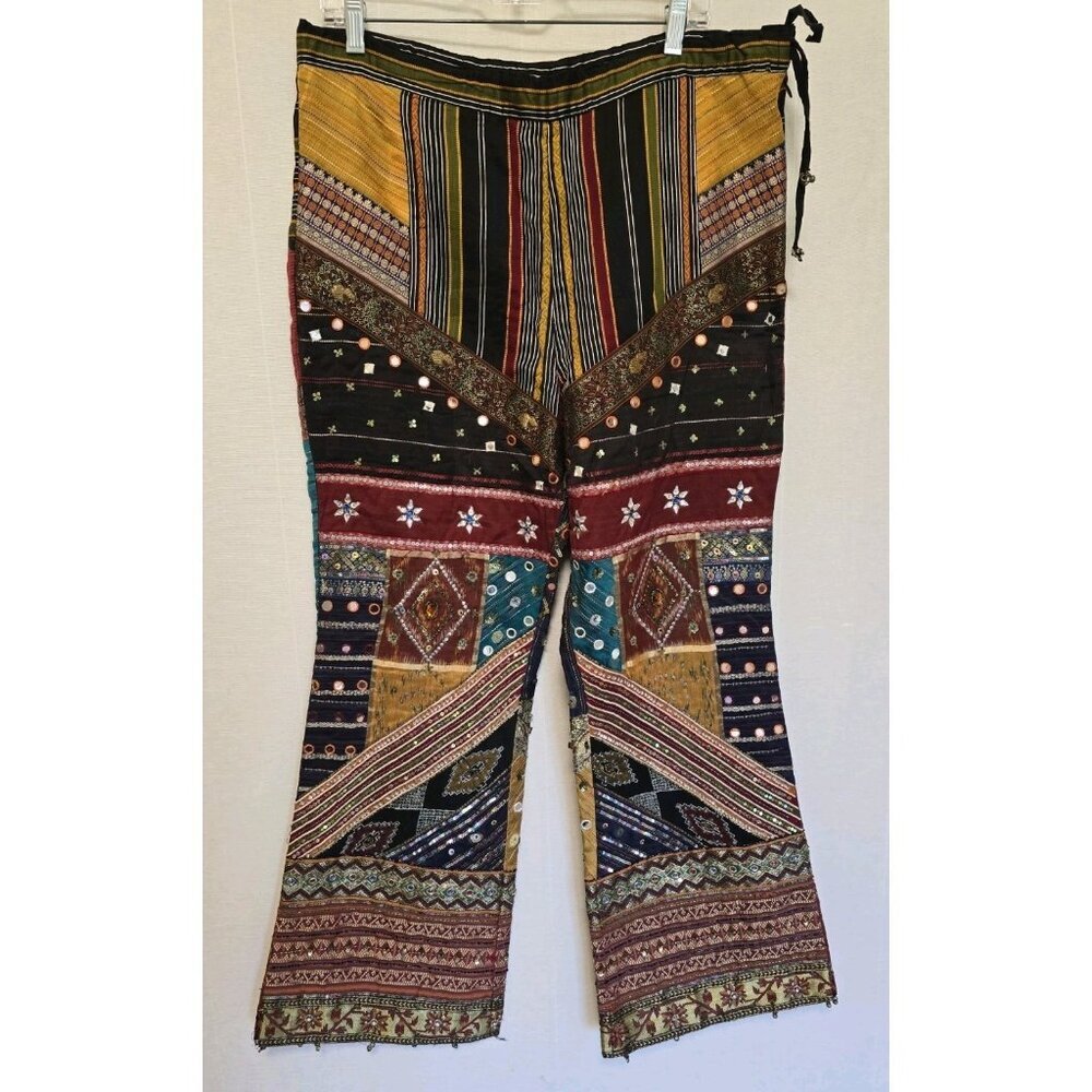 Womens Bohemian Patchwork Pants‎ India Drawstring Waist Beaded